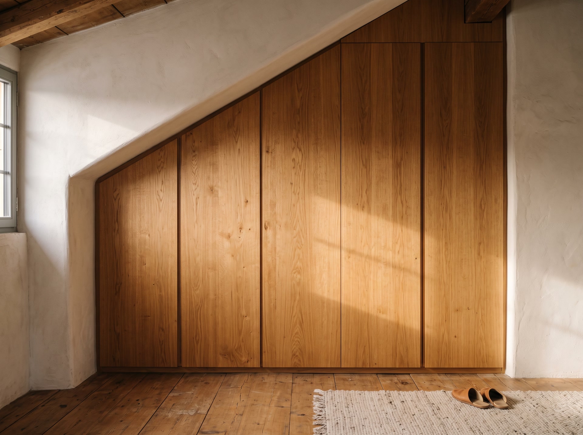 Raumhoher Einbauschrank aus Eiche in einer Nische unter einer Dachschräge